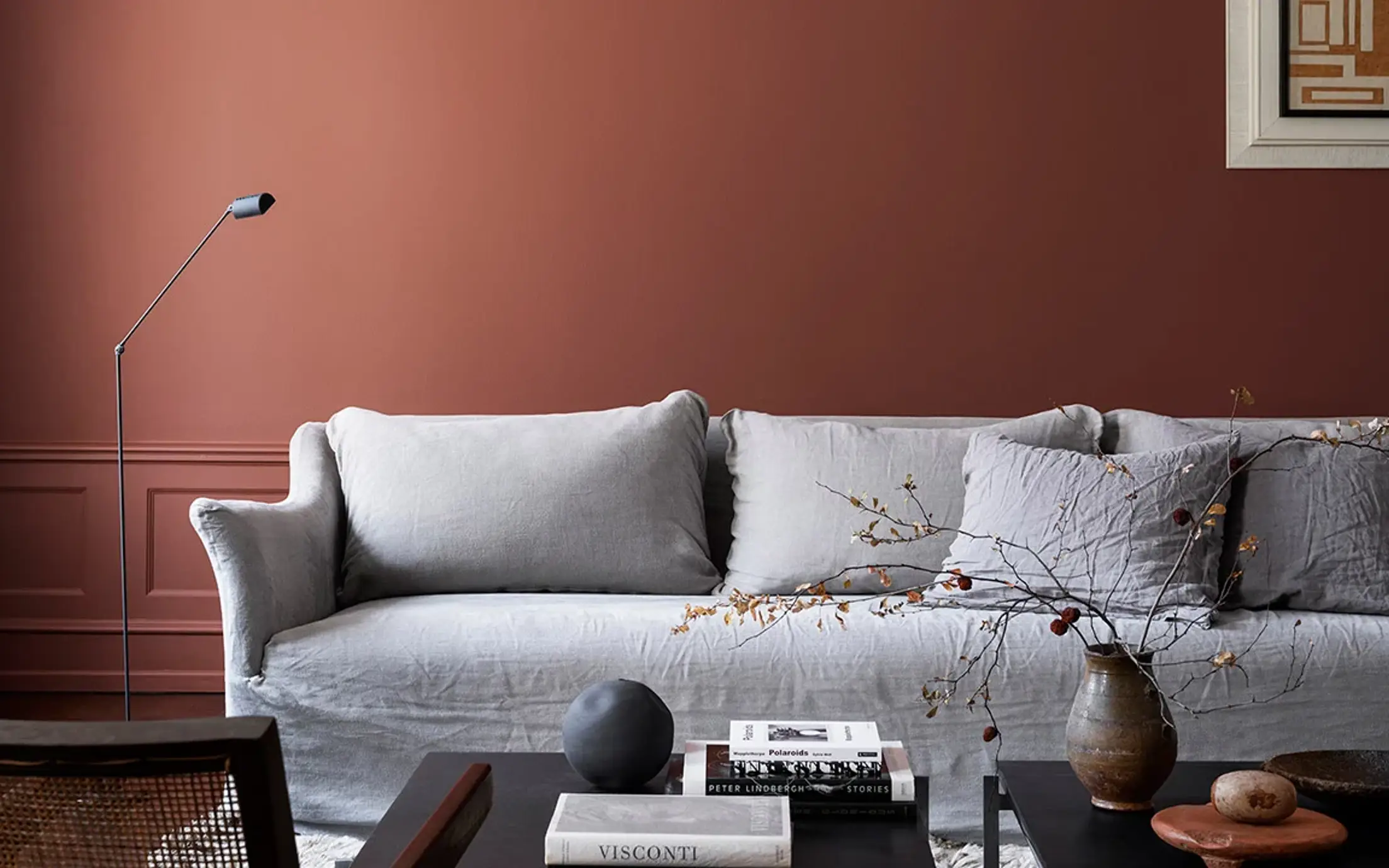 Living room painted with Jotun poetry red interior paint